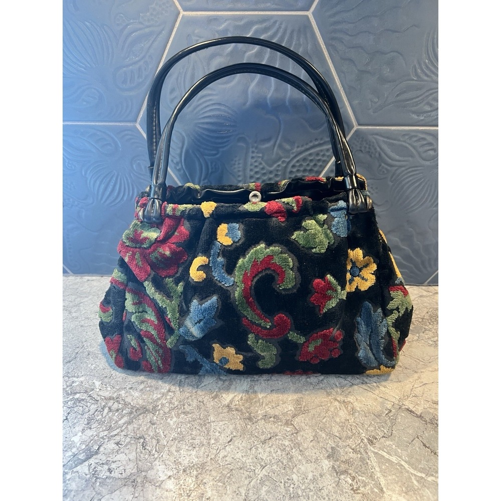 Vintage Floral Chenille Handbag Black Tapestry Carpet Bag Purse Double Handle - Picture 2 of 16